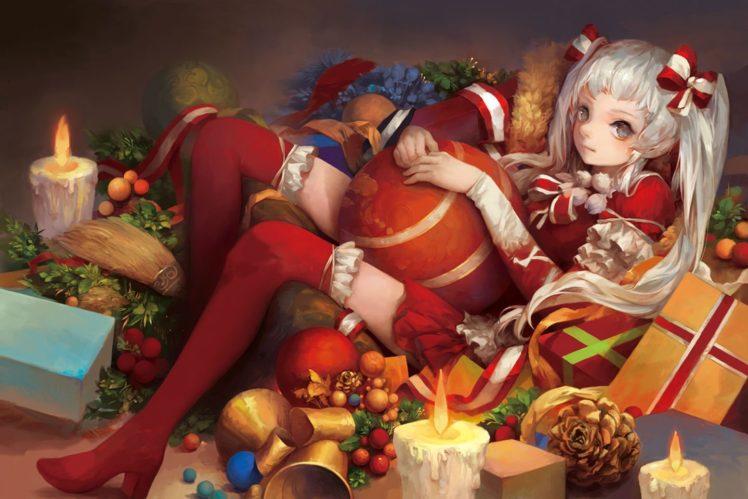 bell, Boots, Bow, Christmas, Fruit, Gray, Eyes, Lolita, Fashion, Long, Hair, Malu,  maluaya , Original, Thighhighs, Twintails, White, Hair HD Wallpaper Desktop Background