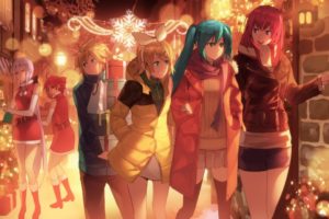 blue, Eyes, Boots, Christmas, Dress, Gloves, Group, Headband, Jandy, Male, Night, Ponytail, Red, Eyes, Red, Hair, Ribbons, Scarf, Skirt, Twintails, Utau, Vocaloid