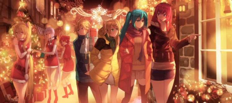 blue, Eyes, Boots, Christmas, Dress, Gloves, Group, Headband, Jandy, Male, Night, Ponytail, Red, Eyes, Red, Hair, Ribbons, Scarf, Skirt, Twintails, Utau, Vocaloid HD Wallpaper Desktop Background