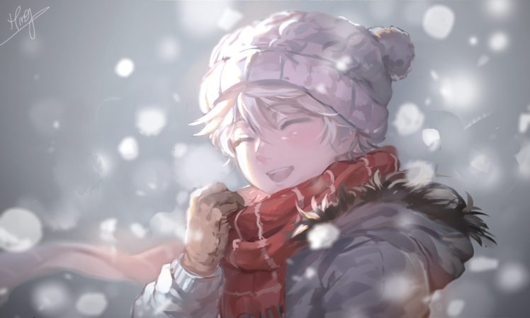 gloves, Hat, Male, Scarf, Short, Hair, Slaine, Troyard, Snow, White, Hair, Winter HD Wallpaper Desktop Background