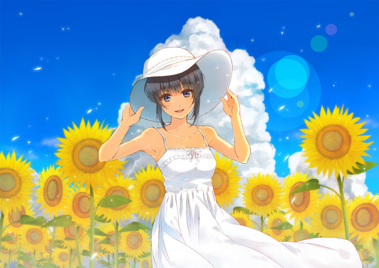 black, Hair, Blue, Eyes, Furai, Hat, Original, Short, Hair, Summer, Dress, Sunflower HD Wallpaper Desktop Background