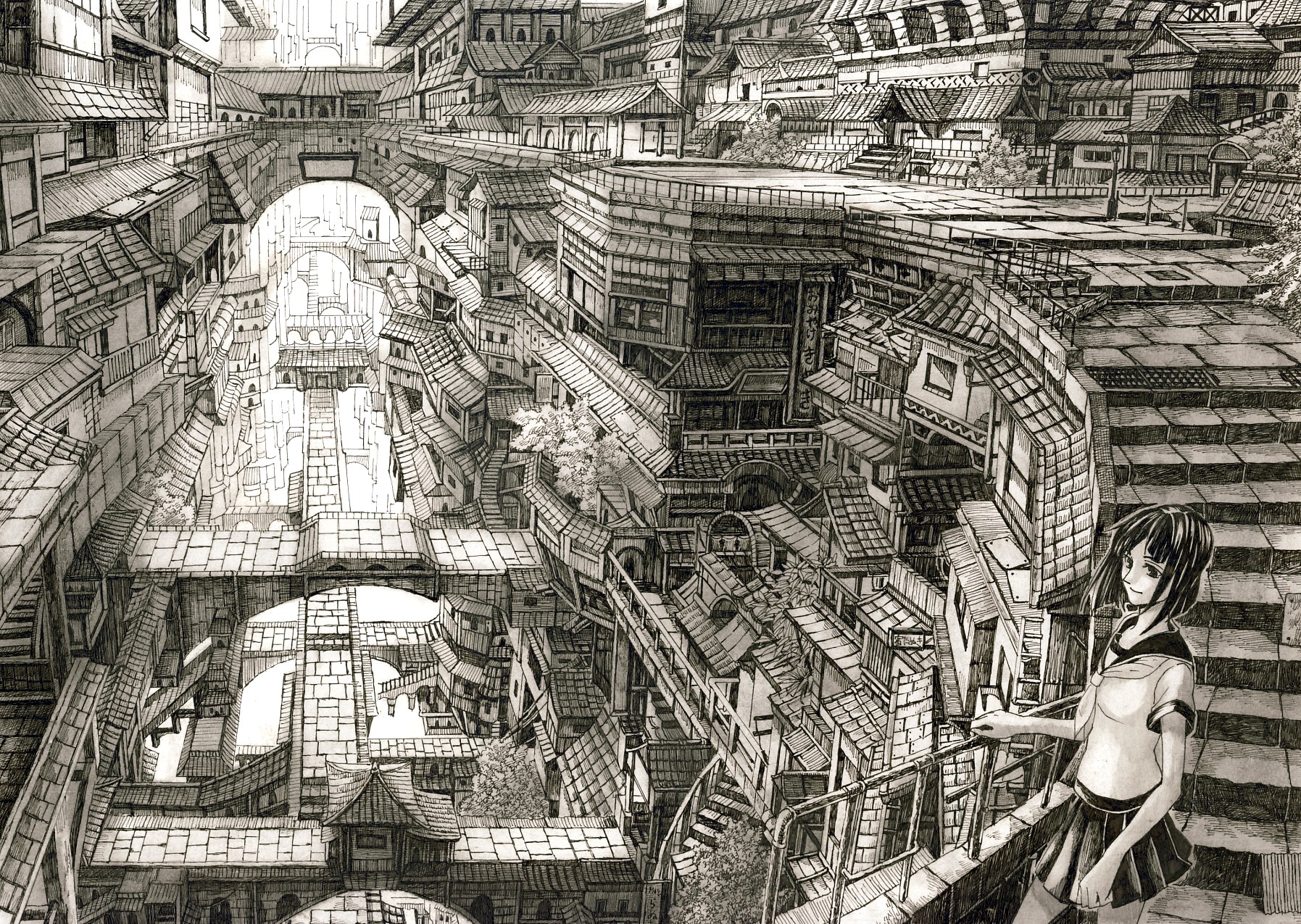 building, City, Landscape, Mitauzo, Monochrome, Original, Scenic, Seifuku Wallpaper