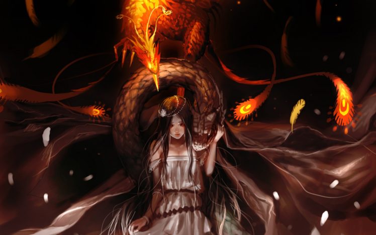 girl, Phoenix, Basilisk, Snakes, Feathers, Fantasy, Females, Monsters, Demon HD Wallpaper Desktop Background