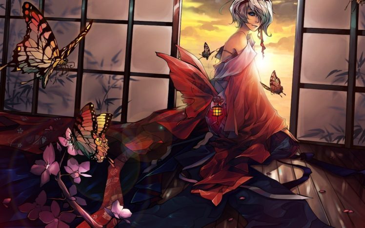 anime, Girl, Butterfly, Sunset, Sunlight, Kimono, Beautiful, Animal HD Wallpaper Desktop Background