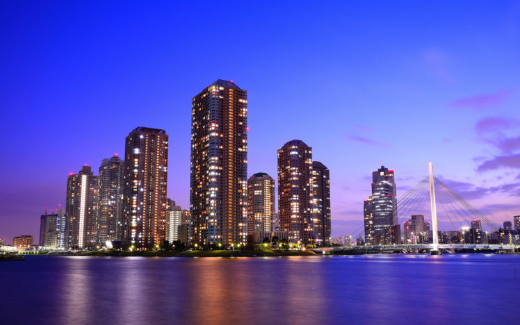 japan, Tokyo, Capital, Metropolis, Skyscrapers, Night, Bridge, Lights, Lights, River, Blue, Lilac HD Wallpaper Desktop Background