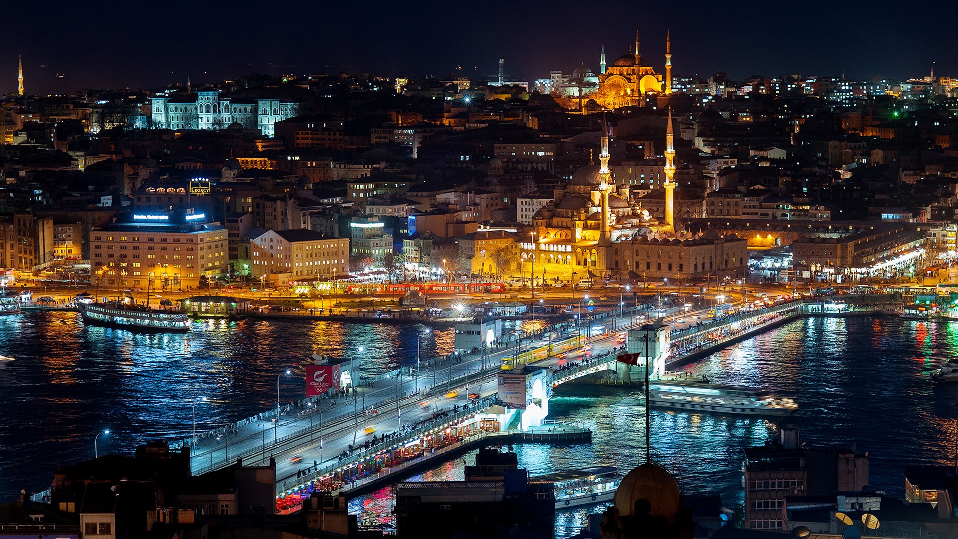 buildings, Bridge, River, Night, Boats, Ships, Reflection, Lights, Cities, Buildings, Roads Wallpaper