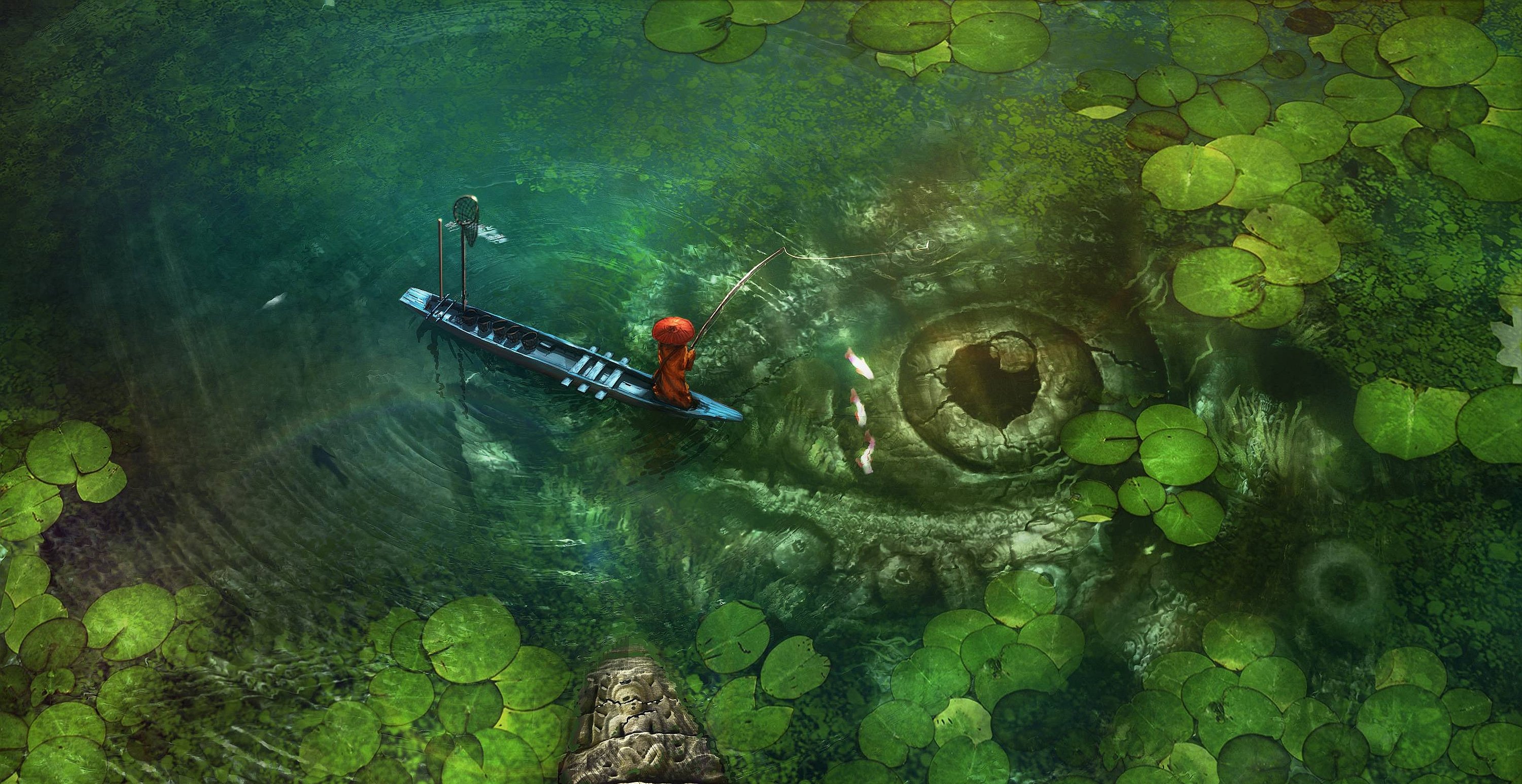 monster, Lake, Fantasy, Red, Green, Fish Wallpaper