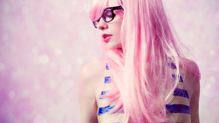 Glam Pink Hair Glasses Models Women Females Girls Sexy Babes Face Eyes Make Up Lips