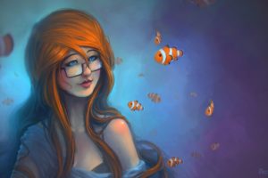women, Redheads, Fish, Glasses, Clownfish, Artwork