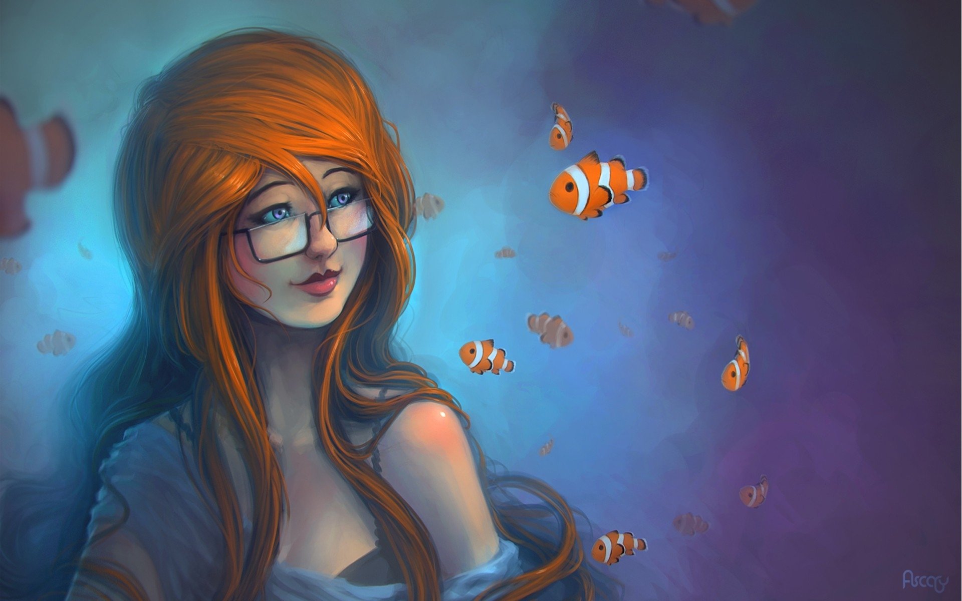 women, Redheads, Fish, Glasses, Clownfish, Artwork Wallpaper