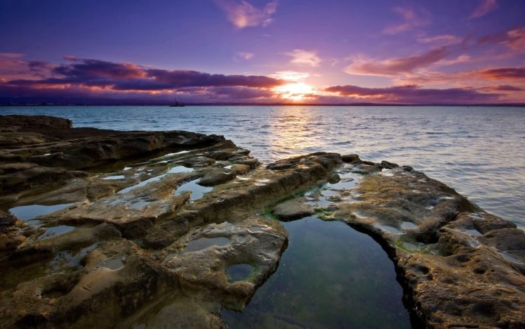 sea, Sunset, Rocky, Coast, Landscape, Ocean, Shore, Beaches, Sky, Clouds HD Wallpaper Desktop Background