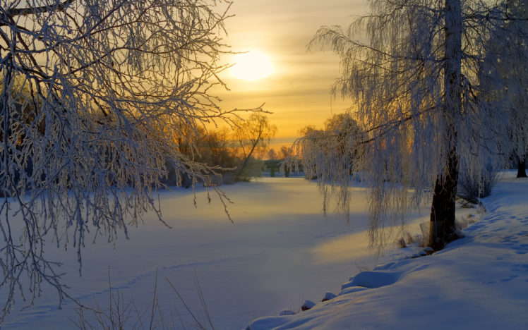 sweden, Winter, Snow, Frost, Forest, Trees, Meadow, Morning, Sun, Sunrise, Rivers, Lakes, Sky, Clouds HD Wallpaper Desktop Background
