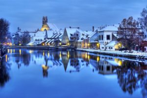 germany, Houses, River, Winter, Cities, Reflection