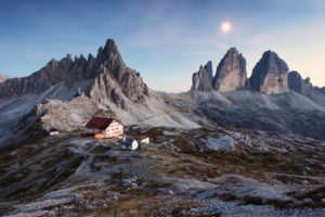 italy, Dolomite, Alps, Three, Peaks, House, Mountains, Snowy, Land, Sunset, Beautiful, Nature, Landscape, Sky