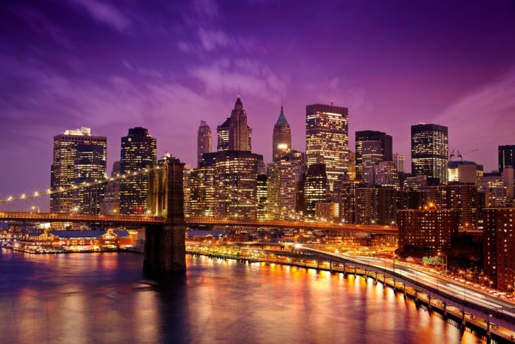 new, York, City, City, Illumination, Bridge, Embankment, Night, Lights HD Wallpaper Desktop Background