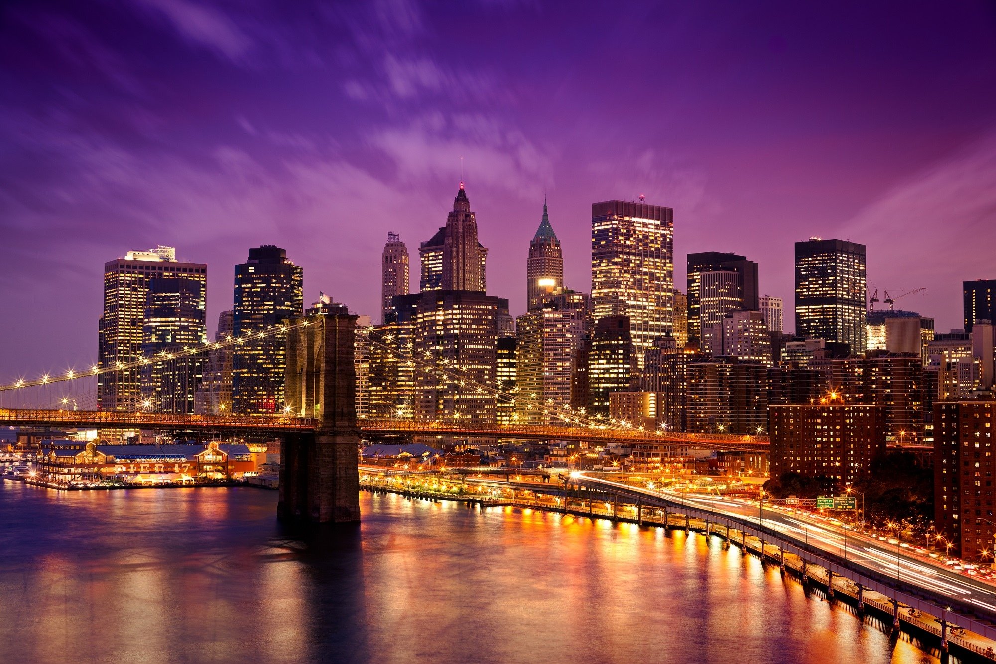 new, York, City, City, Illumination, Bridge, Embankment, Night, Lights Wallpaper
