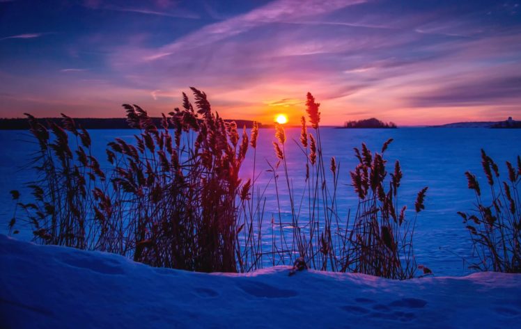 snow, Winter, Frost, Sunset, Lake, Frozen, Sunset, Sunrise HD Wallpaper Desktop Background