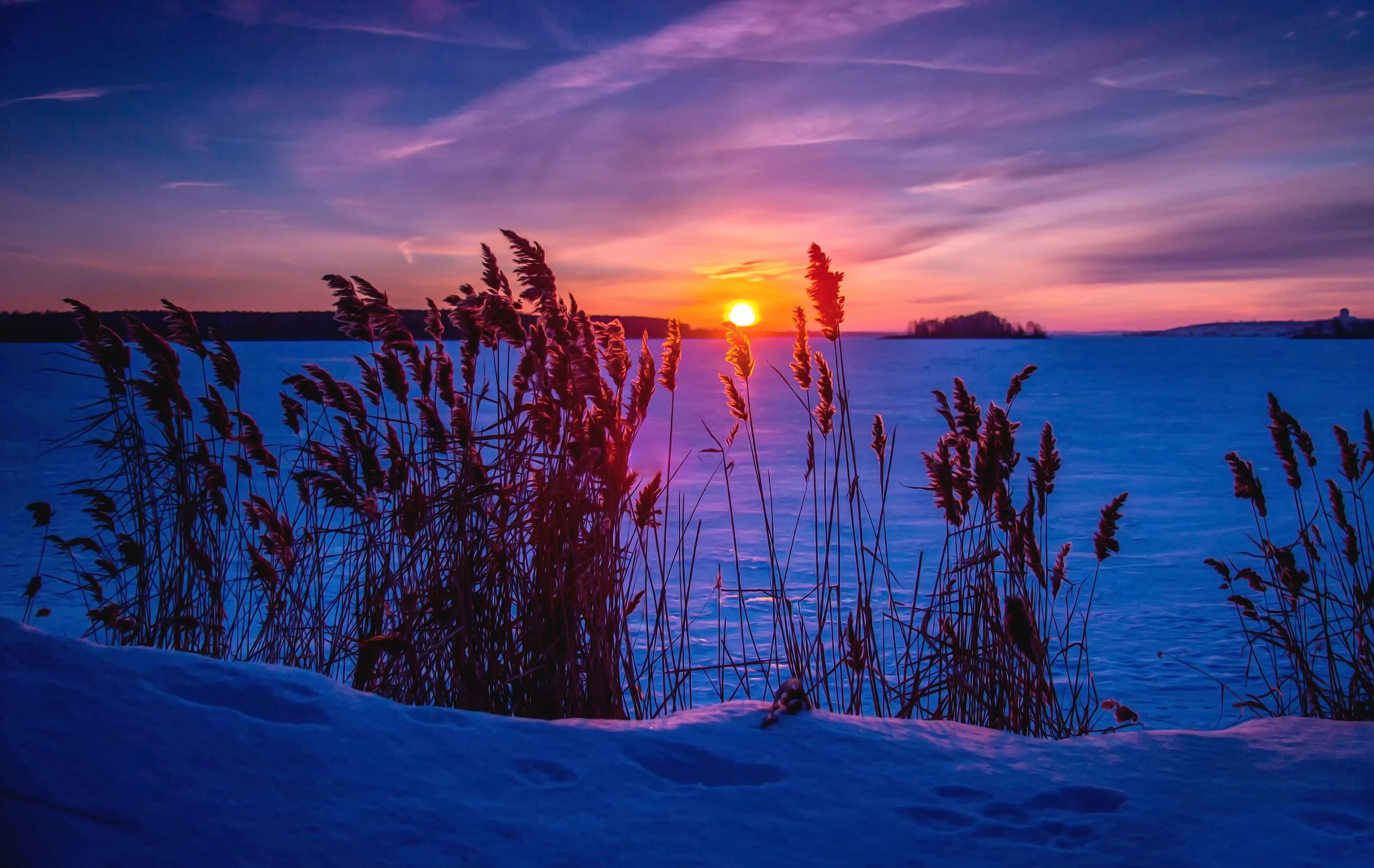 snow, Winter, Frost, Sunset, Lake, Frozen, Sunset, Sunrise Wallpaper