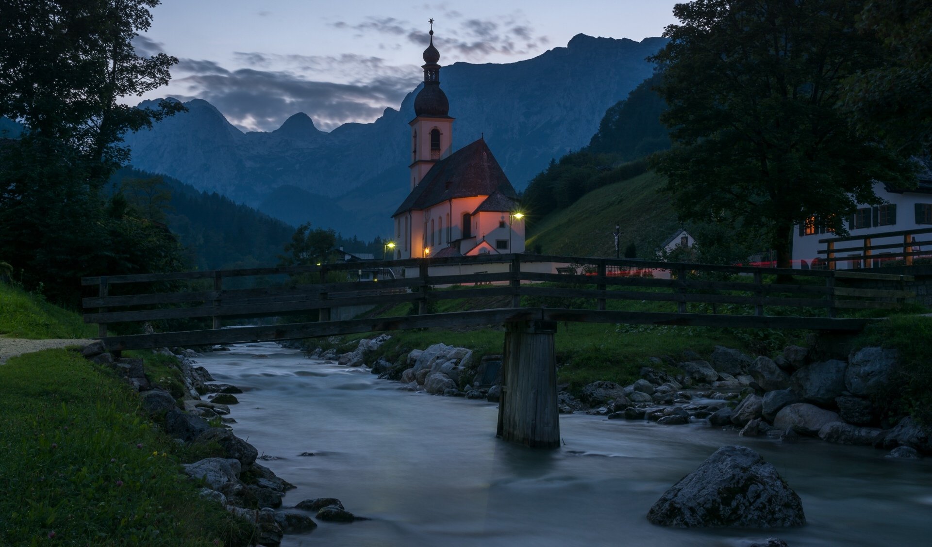st, Sebastian, Church, Ramsau, Bavaria, Germany, Ramsau, Bavaria, Germany, Church, River, Bridge, Mountains Wallpaper
