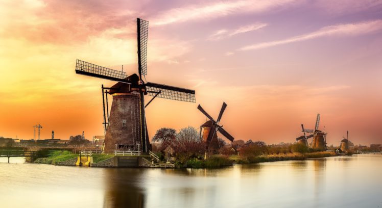 sunset, River, Holland, Windmill, Landscape, Reflection HD Wallpaper Desktop Background