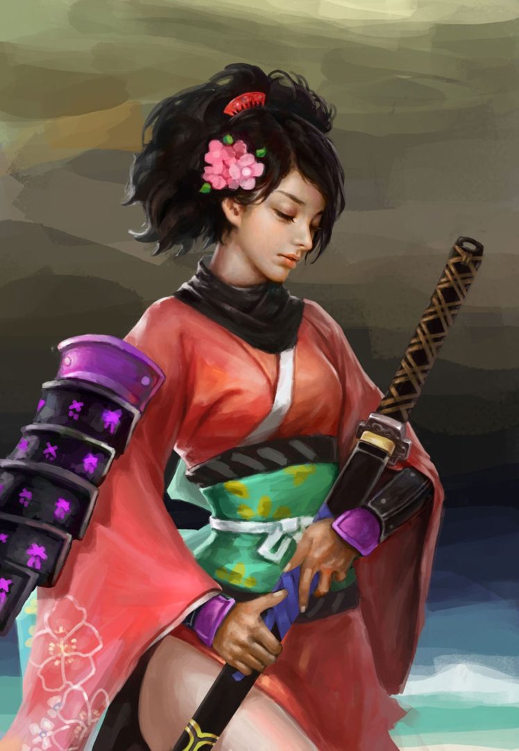 samurai, Girl, Sword, Kimono, Flower, Hair, Warrior, Face, Beauty HD Wallpaper Desktop Background
