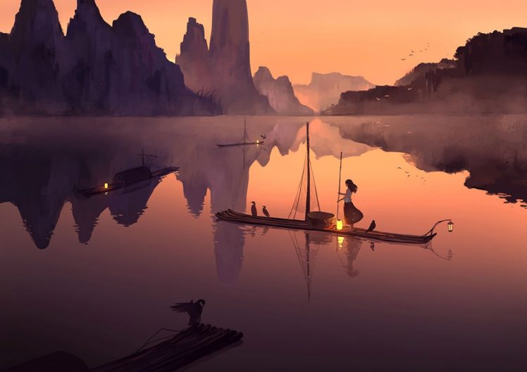animal, Bird, Boat, Kklaji008, Landscape, Original, Scenic, Skirt, Sky, Sunset, Water HD Wallpaper Desktop Background