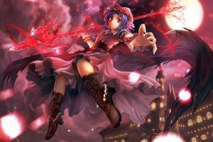blue, Hair, Boots, Building, Fang, Freeze ex, Hat, Moon, Red, Eyes, Remilia, Scarlet, Short, Hair, Skirt, Spear, Touhou, Vampire, Weapon, Wings, Wristwear