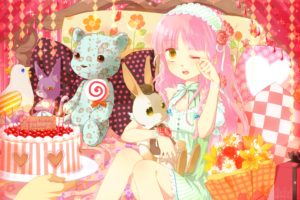 animal, Bed, Bird, Candy, Flowers, Lollipop, Okitune sama, Original, Pink, Hair, Rabbit, Teddy, Bear, Birthday