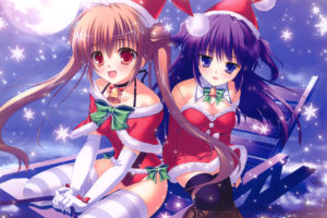 girls, Blue, Eyes, Brown, Hair, Christmas, Cleavage, Mikeou, Moon, Night, Original, Pink, Chuchu, Purple, Hair, Red, Eyes, Snow, Thighhighs