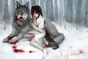 wolf, Girl, Long, Hair, Fantasy, Anime, Blood, Kimono, Knife, Forest, Snow