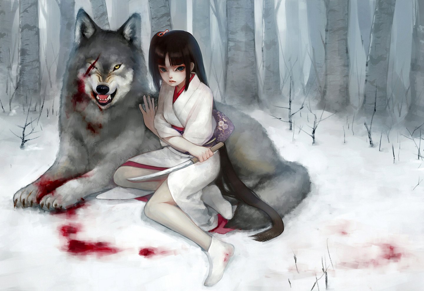 wolf, Girl, Long, Hair, Fantasy, Anime, Blood, Kimono, Knife, Forest, Snow  Wallpapers HD / Desktop and Mobile Backgrounds