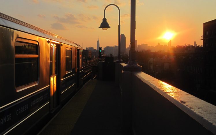 new, York, City, Nyc, Usa, Evening, Sunset, Sun, Track, Train, Skyscrapers, City HD Wallpaper Desktop Background