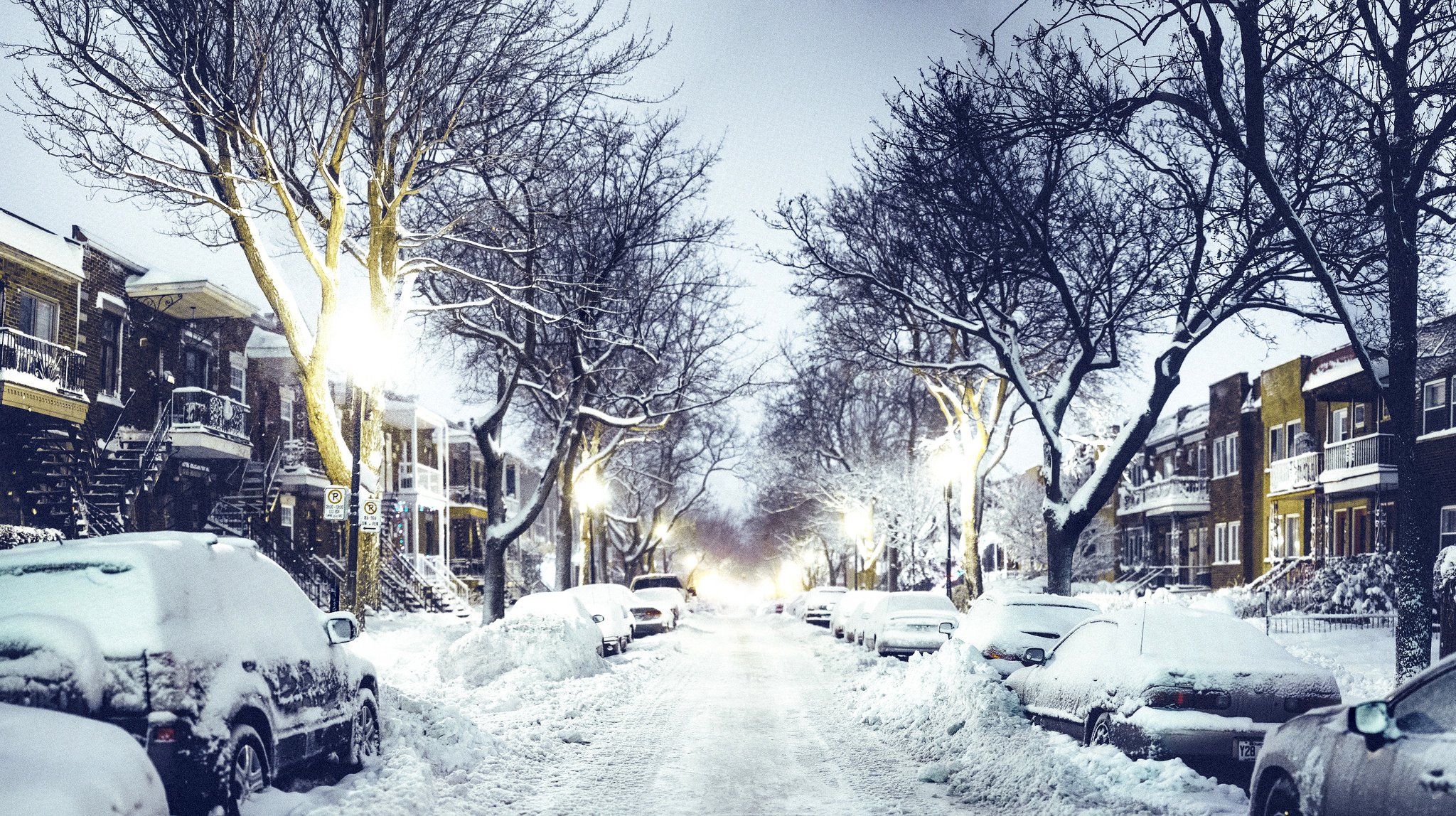 street, Night, Road, Cars, Houses, Lights, Snow, Winter, City Wallpaper