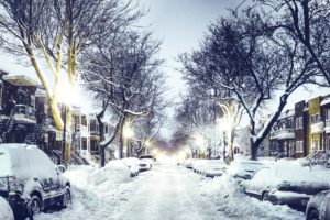 street, Night, Road, Cars, Houses, Lights, Snow, Winter, City