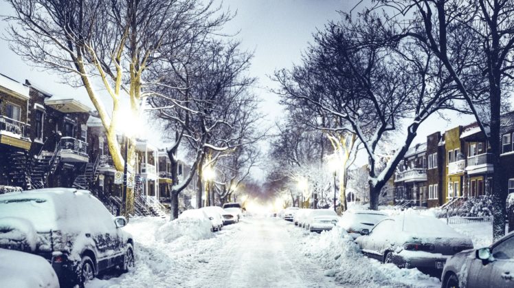 street, Night, Road, Cars, Houses, Lights, Snow, Winter, City HD Wallpaper Desktop Background