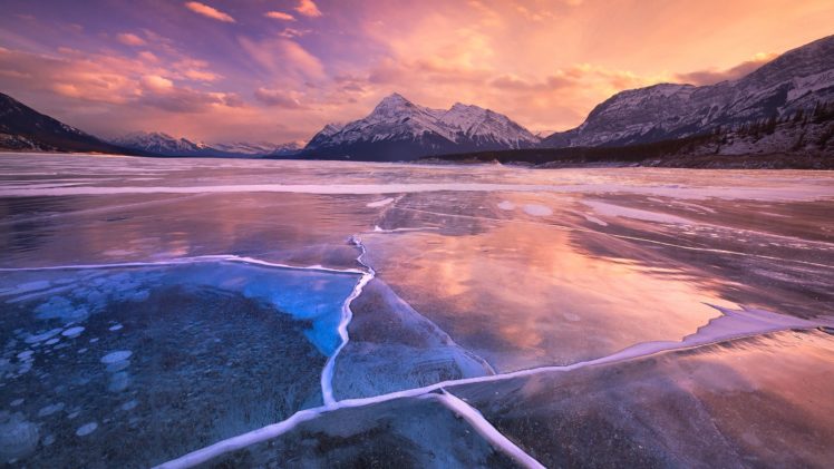 sunset, Ice, Sky, Mountains, Clouds, Lake, Winter, Frozen HD Wallpaper Desktop Background