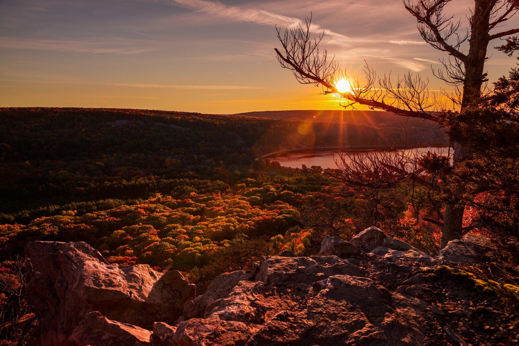 trees, Sunset, Wisconsin, United, States, Devils, Lake Wallpaper