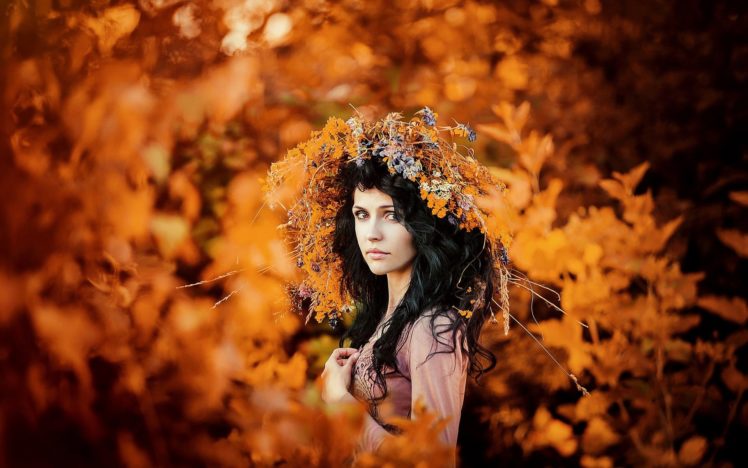 sensuality,  , Autumn, Portrait, Wreath, Beautiful, Girl HD Wallpaper Desktop Background