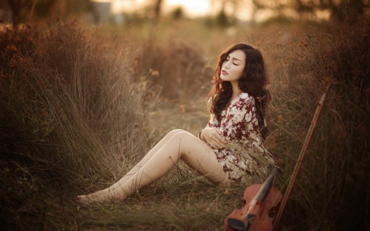 sensuality,  , Summer, Grass, Girl, Asian, Violin, Music HD Wallpaper Desktop Background