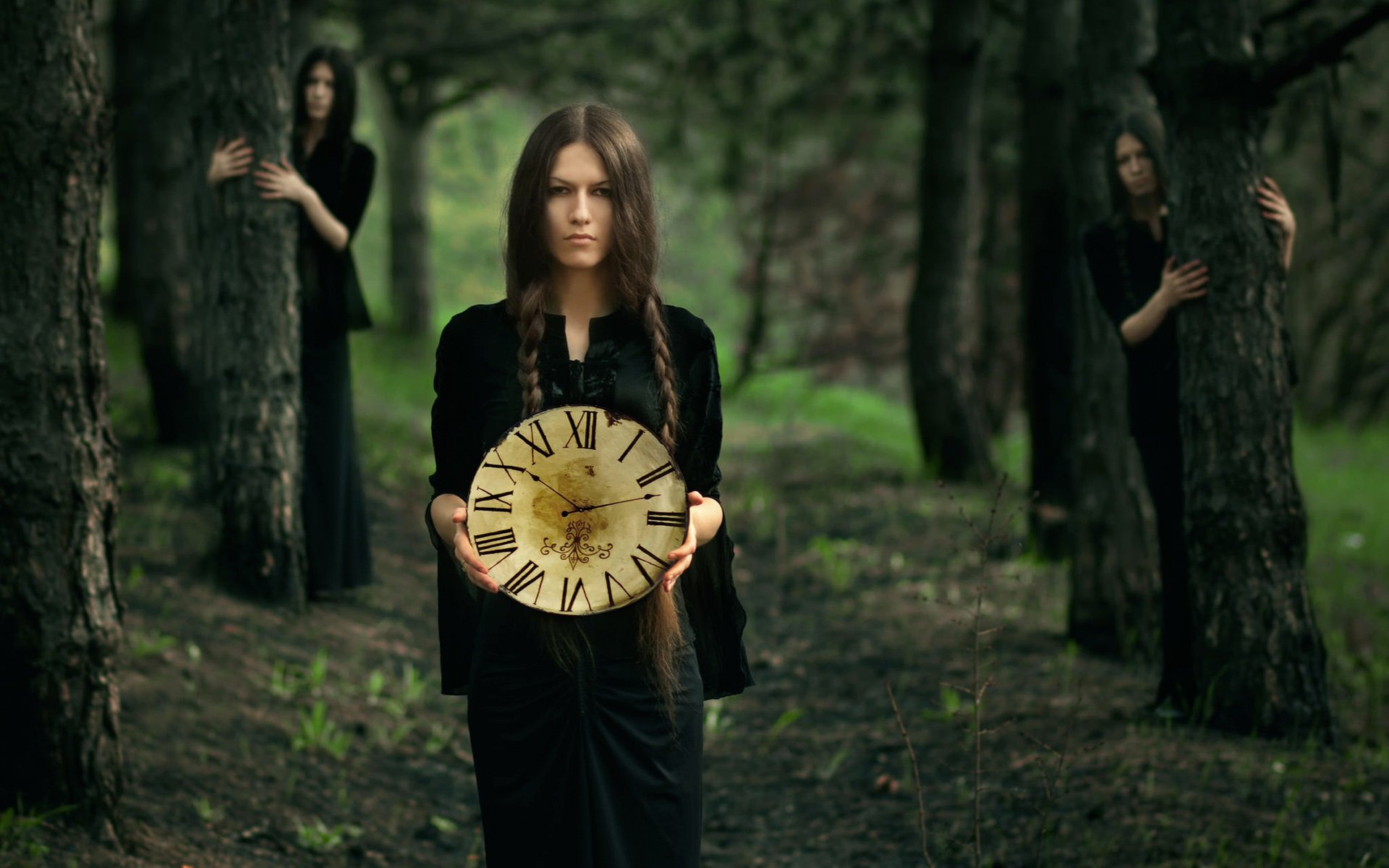 portrait,  , Blackdress, Girl, Forest, Clock Wallpaper