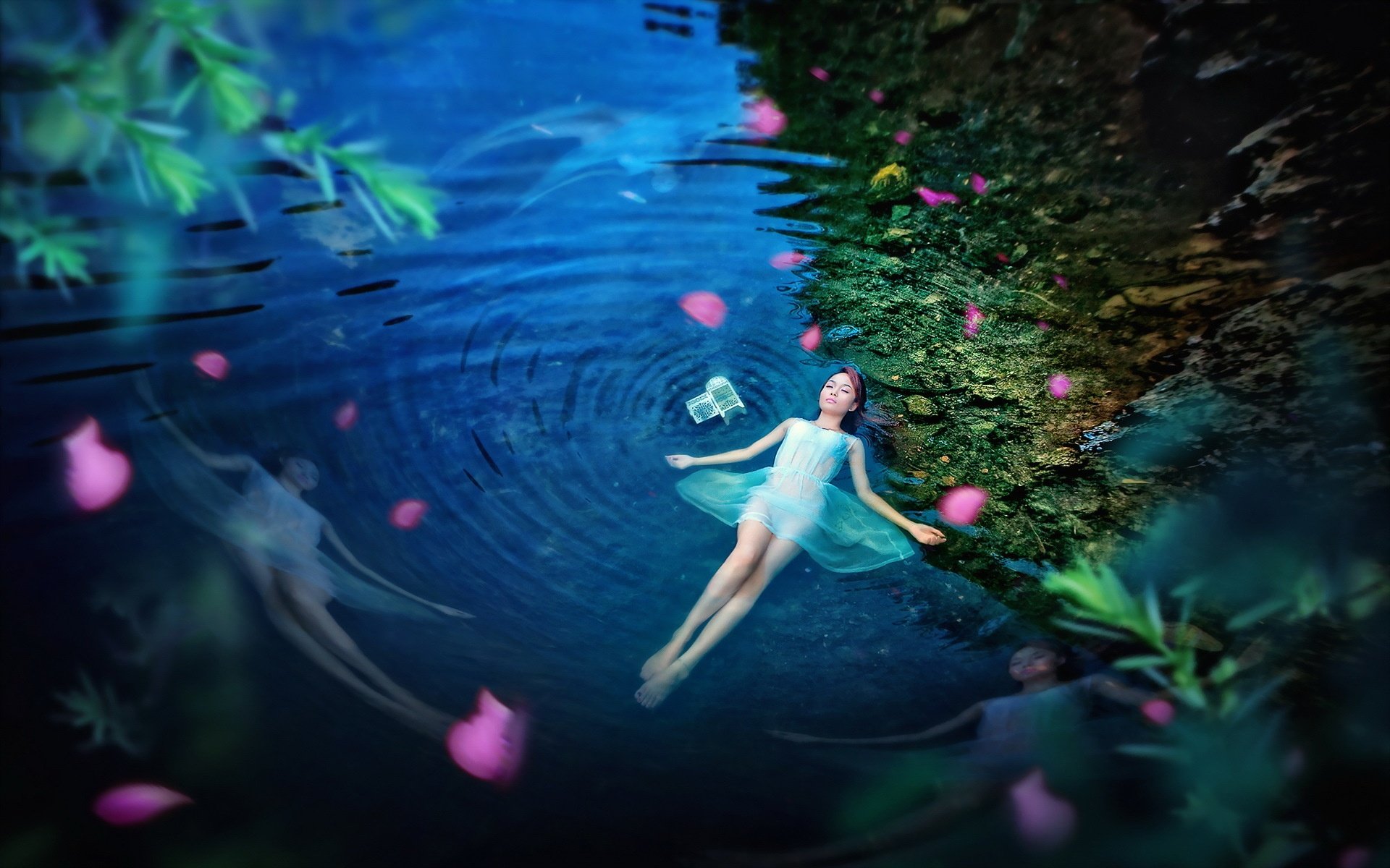 portrait,  , Girl, Lying, Pond, Water, Blue, Night, Sensuality Wallpaper