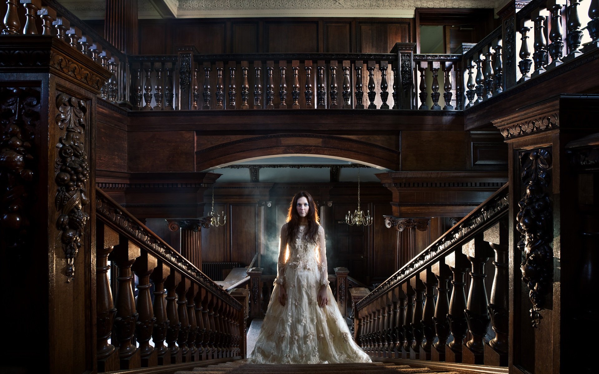 portrait,  , White, Dress, Girl, Room, Stairs, Railings Wallpaper