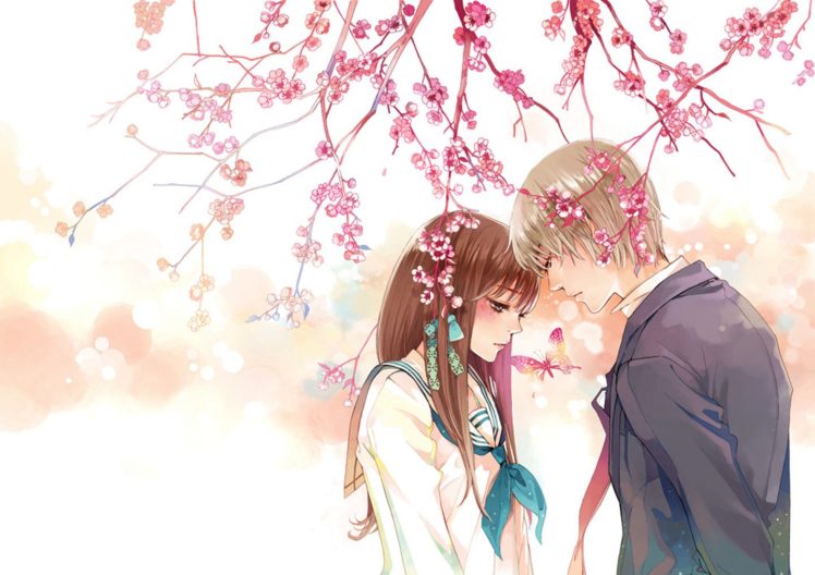 anime, Couple, Butterfly, Animal, Tree, Sakura, Love, Girl, Male, School, Uniform HD Wallpaper Desktop Background
