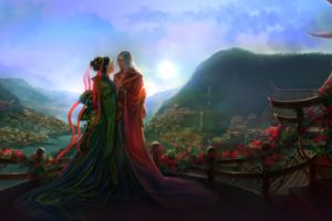 fantasy, Love, Couple, Kimono, Elf, Landscape