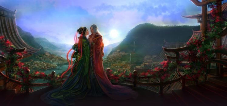 fantasy, Love, Couple, Kimono, Elf, Landscape HD Wallpaper Desktop Background