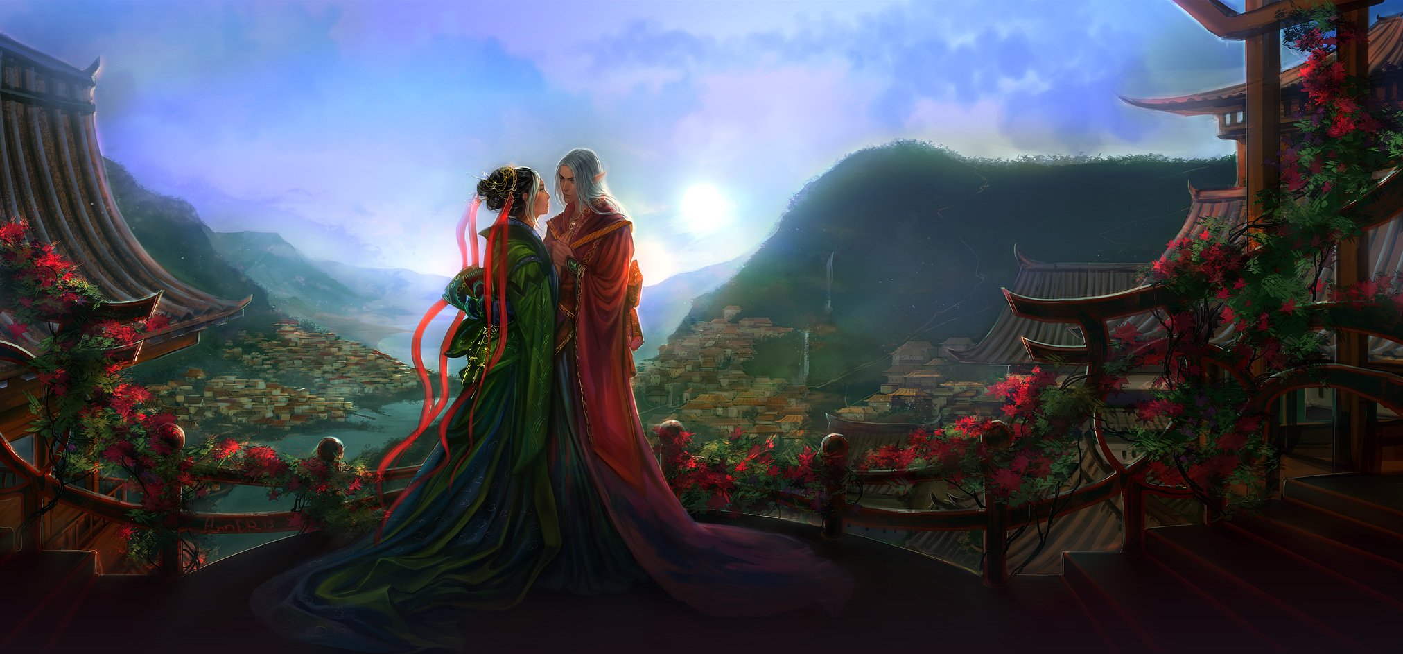 fantasy, Love, Couple, Kimono, Elf, Landscape Wallpaper
