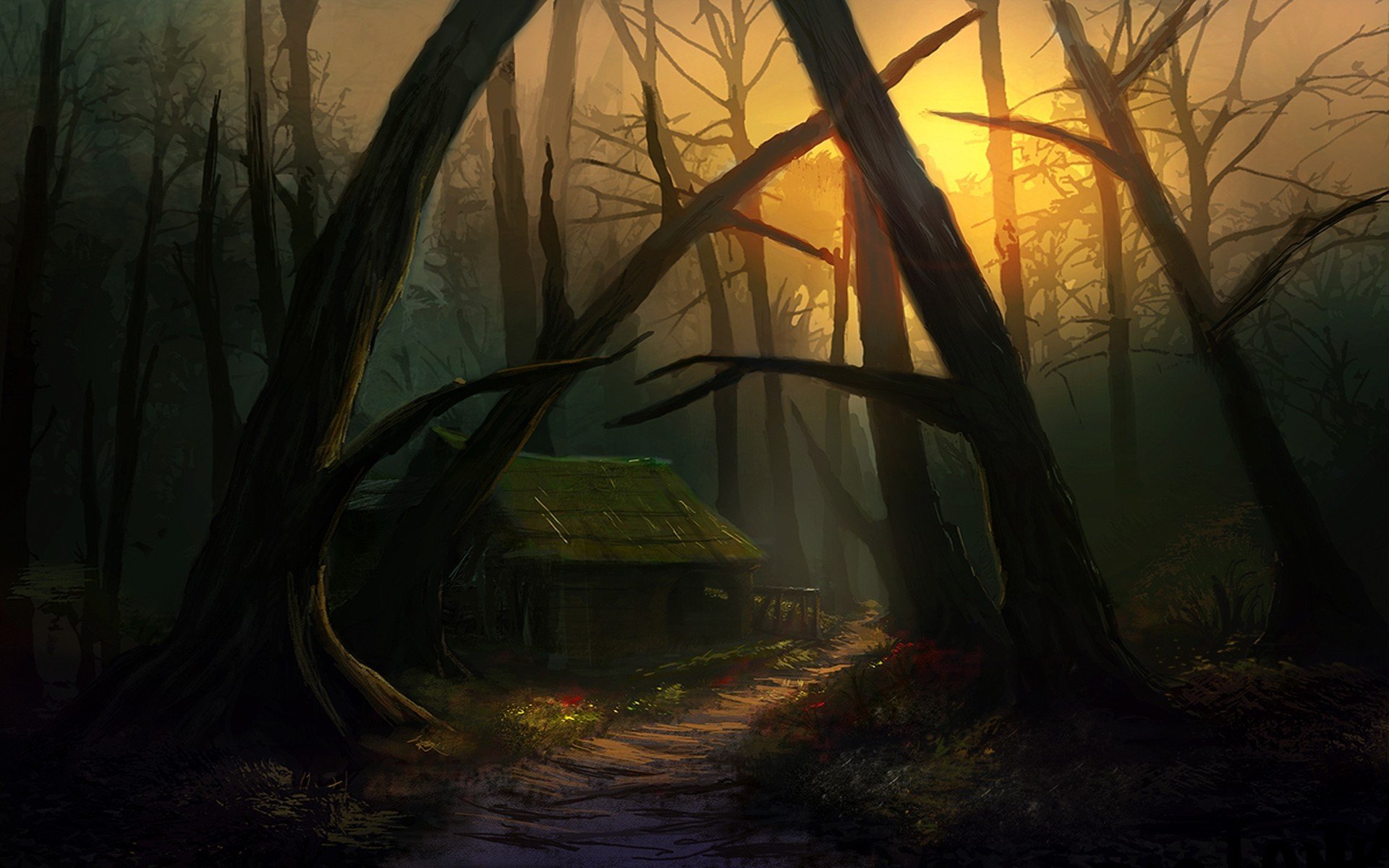 sun drawings evening forests houses sunshine Wallpaper