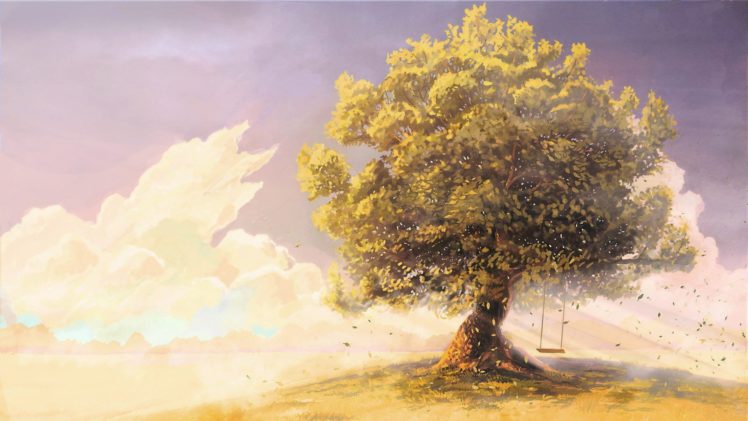 swings artwork drawings tree, Sky, Cloud, Beautiful, Anime HD Wallpaper Desktop Background