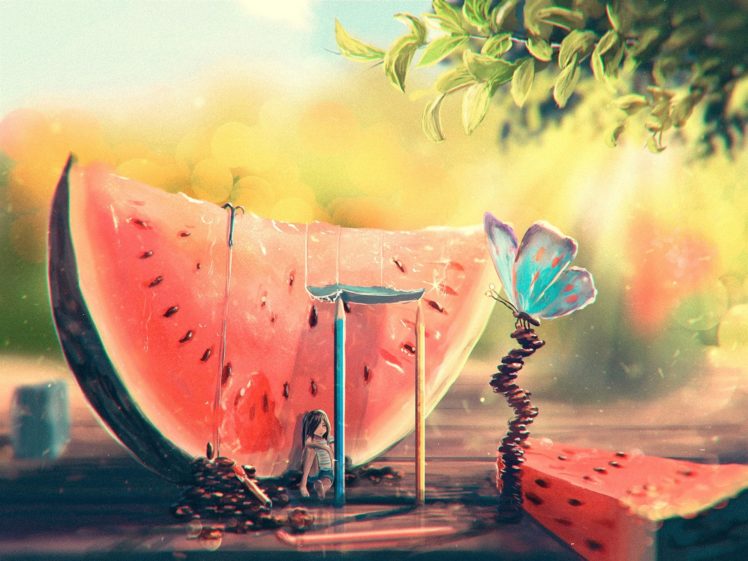 art,  , Summer, Watermelon, Girl, Butterfly, Painting HD Wallpaper Desktop Background