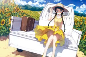 original, Anime, Girl, Sunflower, Sunshine, Sunlight, Yellow, Dress, Car, Summer, Long, Hair